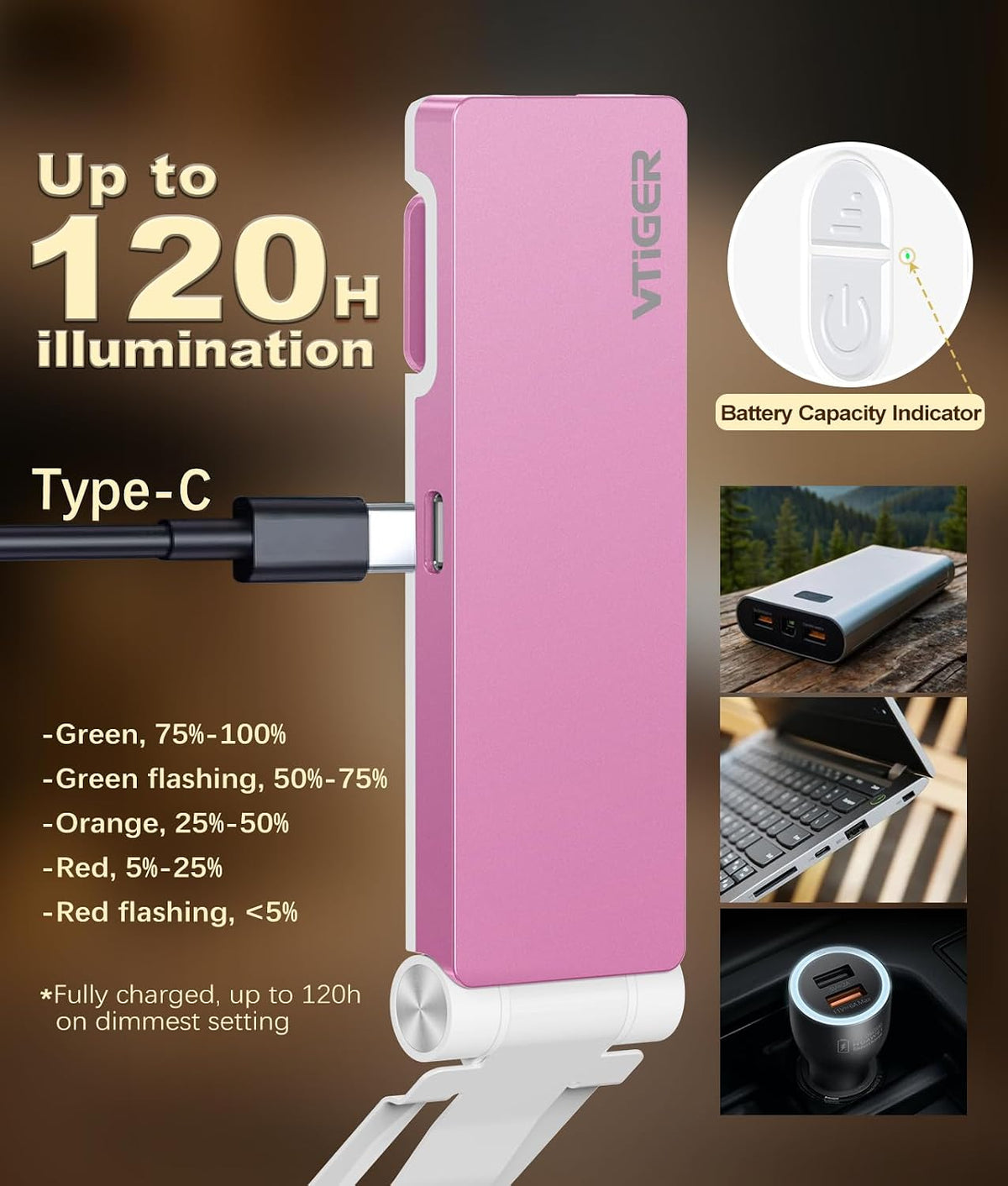 VTIGER Reading Light, USB Rechargeable Book Light for Reading in Bed,Foldable Clip-on LED Booklight, 3 Amber Colors & 4 Brightness Dimmable,Long Lasting Portable Bookmark Lamp for Book Lovers, Kids