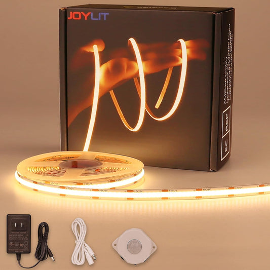 JOYLIT Dotless Motion Sensor COB LED Strip Kit 16.4FT 6000K Indoor | Dual Day/Night Modes, 0-300S Auto-off Delay, 320 LEDs/M Cool White, Includes 12V Adapter, PIR Sensor, Extension Cord
