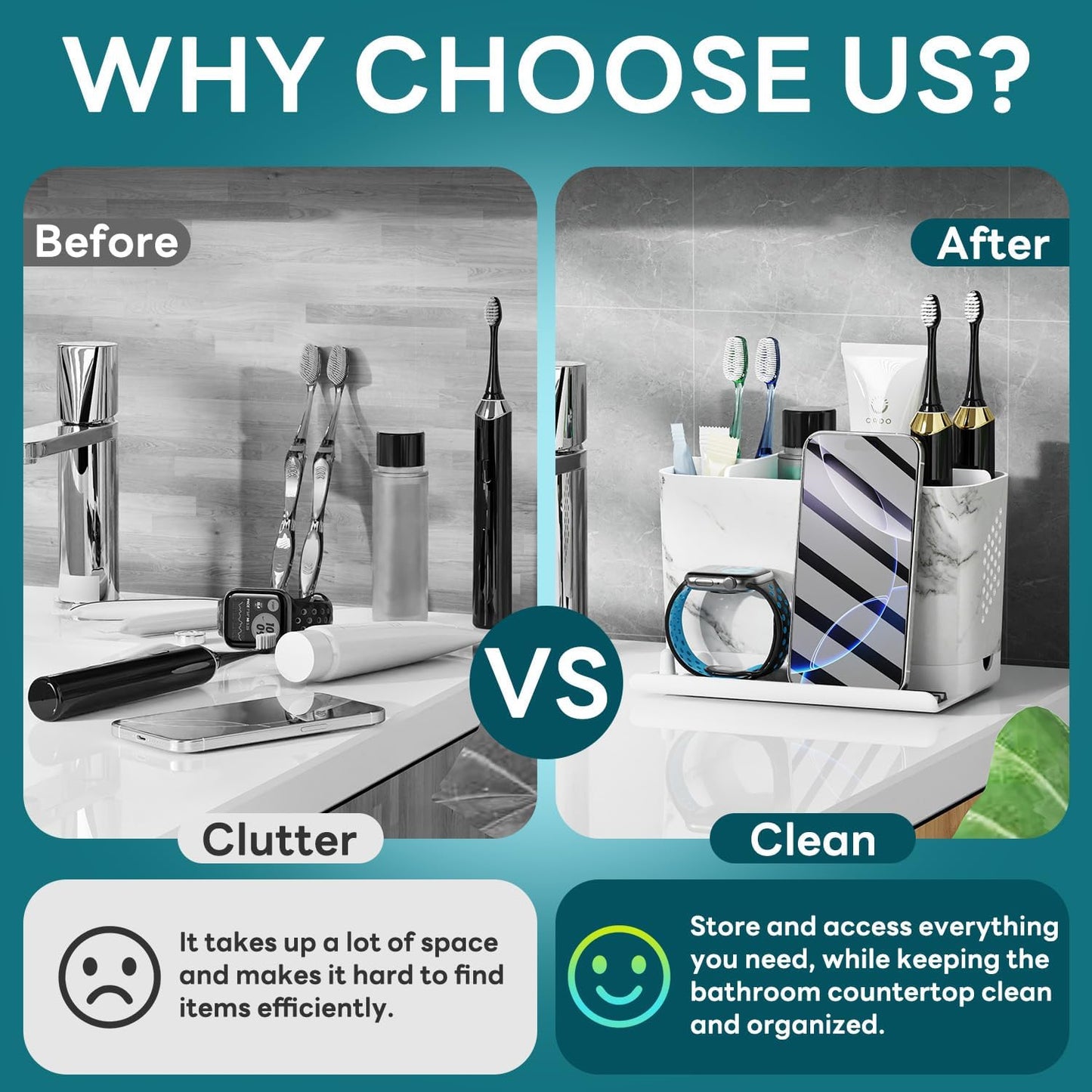 Bathroom Organizers and Storage 6 Slots Wood Grain Electric Toothbrush Holders with Phone Holder and Adjustable Dividers, Cord-Friendly Toothbrush Organizer with Drainage for Family, Kids