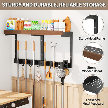 Broom and Mop Organizer Wall Hanging, Broom Hanger Holder Wall Mount | 3-in-1 Mop and Broom Holder Wall Mount with Storage Shelf & Vacuum Organizer,5 Racks,5 Hooks for Garage,Kitchen,Laundry Room