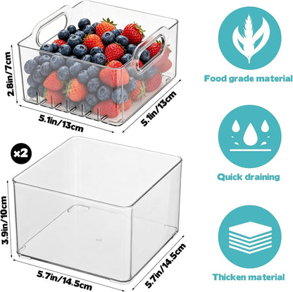 2 Pcs Transparent PET Fruit Draining, Washing Colander Food Storage Boxes, Plastic Cookie Containers, Refrigerator Organizers for Kitchen, Pantry, Vegetables, Fruits(2 Square)