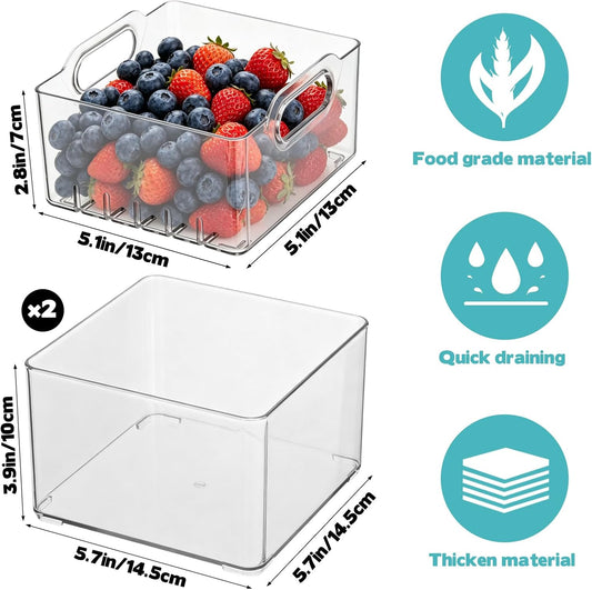 2 Pcs Transparent PET Fruit Draining, Washing Colander Food Storage Boxes, Plastic Cookie Containers, Refrigerator Organizers for Kitchen, Pantry, Vegetables, Fruits(2 Square)