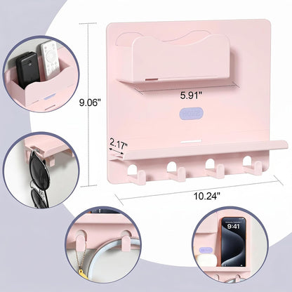 Bedside Shelf Wall Mount, Adhesive Bedside Shelf Accessories Organizer with Hooks and Cable Clips,Dorm Bedside Wall Storage for Phone, Remote, Earphone,Plastic (White)