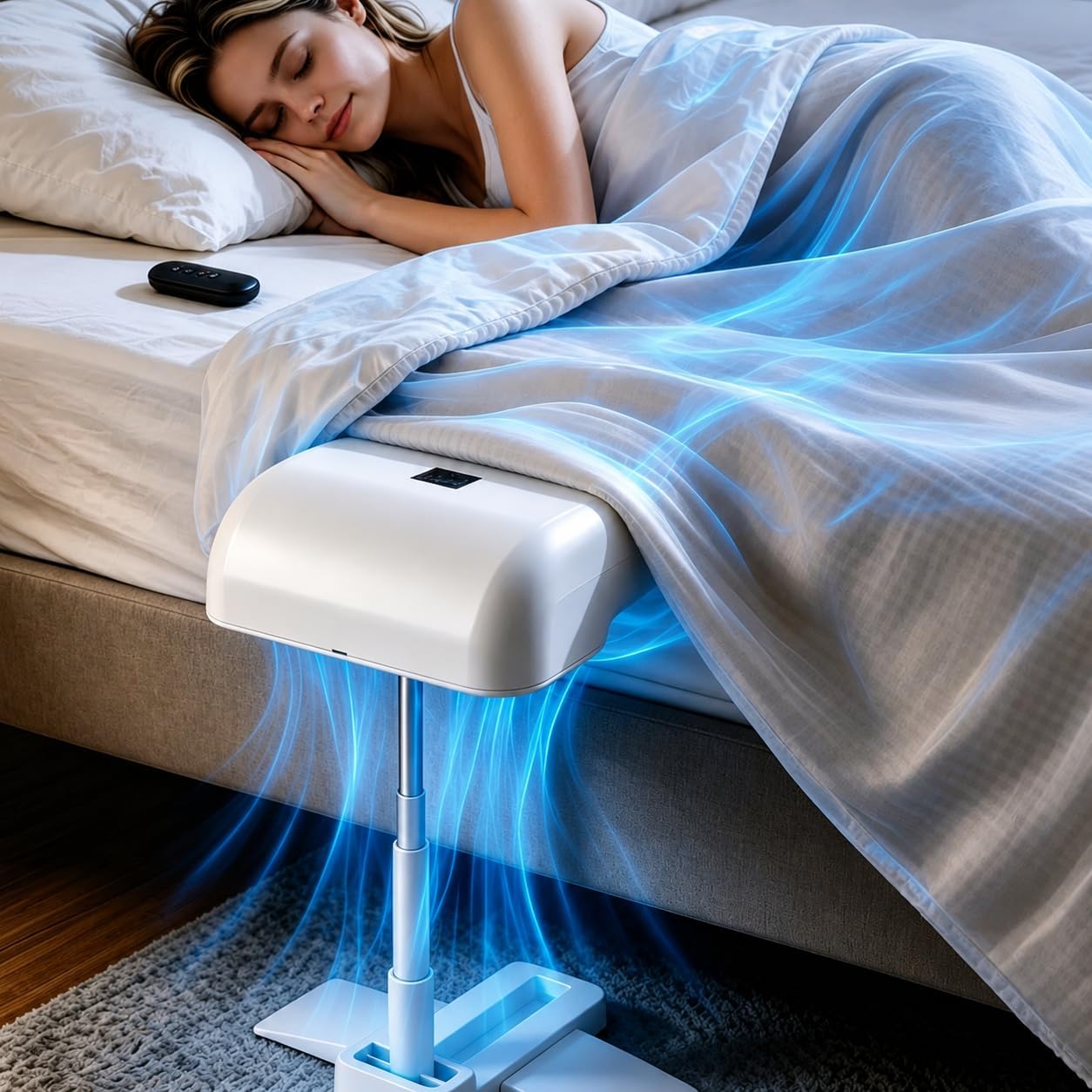 Bed Fan Under Sheets with Remote, Under Sheet Cooling Air Circulator | 5 Speeds, Rechargeable, 10000mAh Battery, Adjustable Height 22-61cm,1-6 Hour Auto-Off Timer,Hot Sleepers,Touch Panel Control