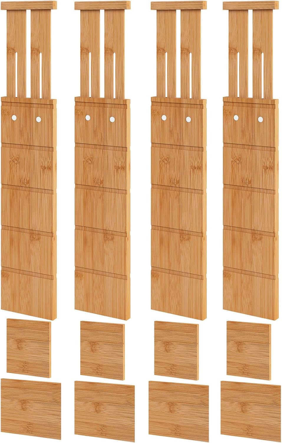 4.4" High Drawer Dividers with Inserts, Bamboo Drawer Dividers for Clothes, Expandable from 12-17.5", Adjustable drawer organizer for Bedroom, Kitchen & Office, 4 Dividers with 8 Insert.