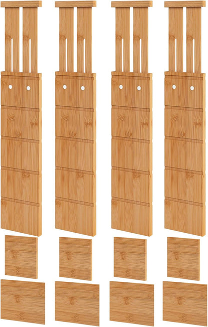4.4" High Drawer Dividers with Inserts, Bamboo Drawer Dividers for Clothes, Expandable from 12-17.5", Adjustable drawer organizer for Bedroom, Kitchen & Office, 4 Dividers with 8 Insert.