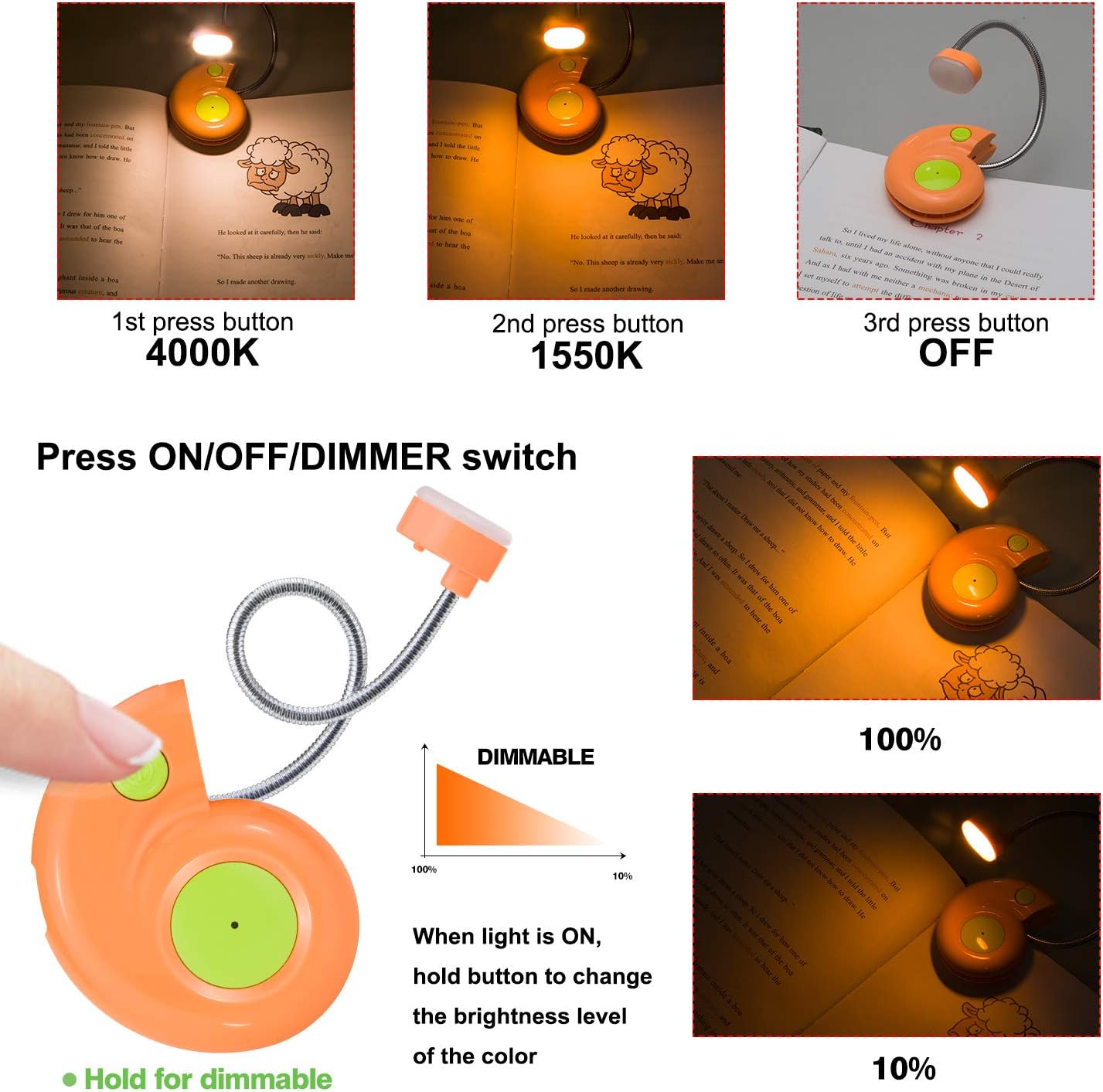 Kids Rechargeable Book Light, Clip on Reading Light for Kid, Kids Reading Lights, Amber Book Light for Reading in Bed, 2 Lighting Modes, Blue Light Blocking, Bookmark Light for Bookworms-Green