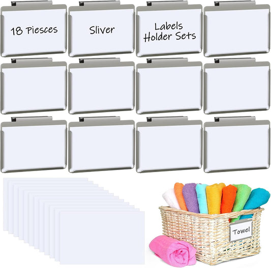 Basket Bin Labels Clips Label Holders Stainless Label Holders Removable Metal Bin Clips with Replacement Papers for Labeling, Classification, Induction (12 Pack)
