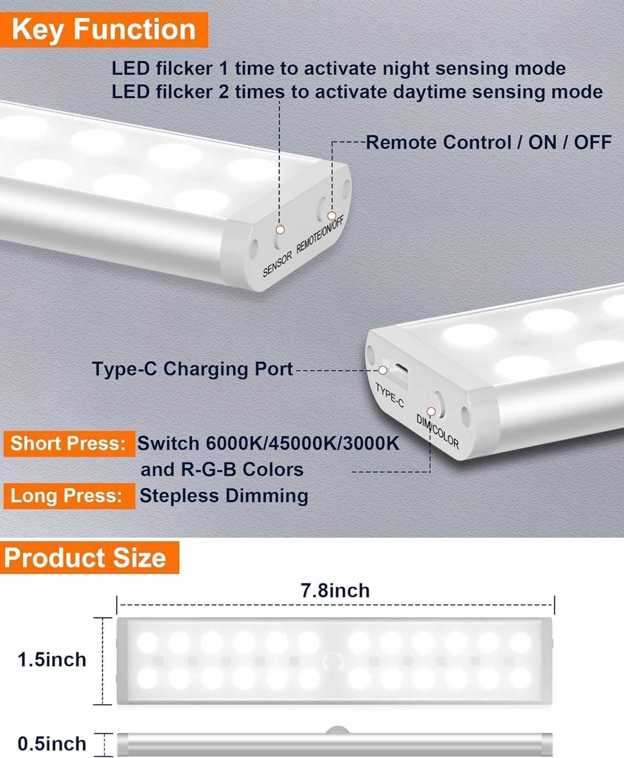 Diomart Motion Sensor Under Cabinet Lighting, RGB Rechargeable, 4 Pack | 58 LEDs,15 RGB colors. Remote & motion sensor dual control. Dimming, Auto-off timer