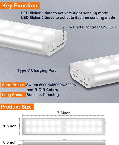 Diomart Motion Sensor Under Cabinet Lighting, RGB Rechargeable, 4 Pack | 58 LEDs,15 RGB colors. Remote & motion sensor dual control. Dimming, Auto-off timer