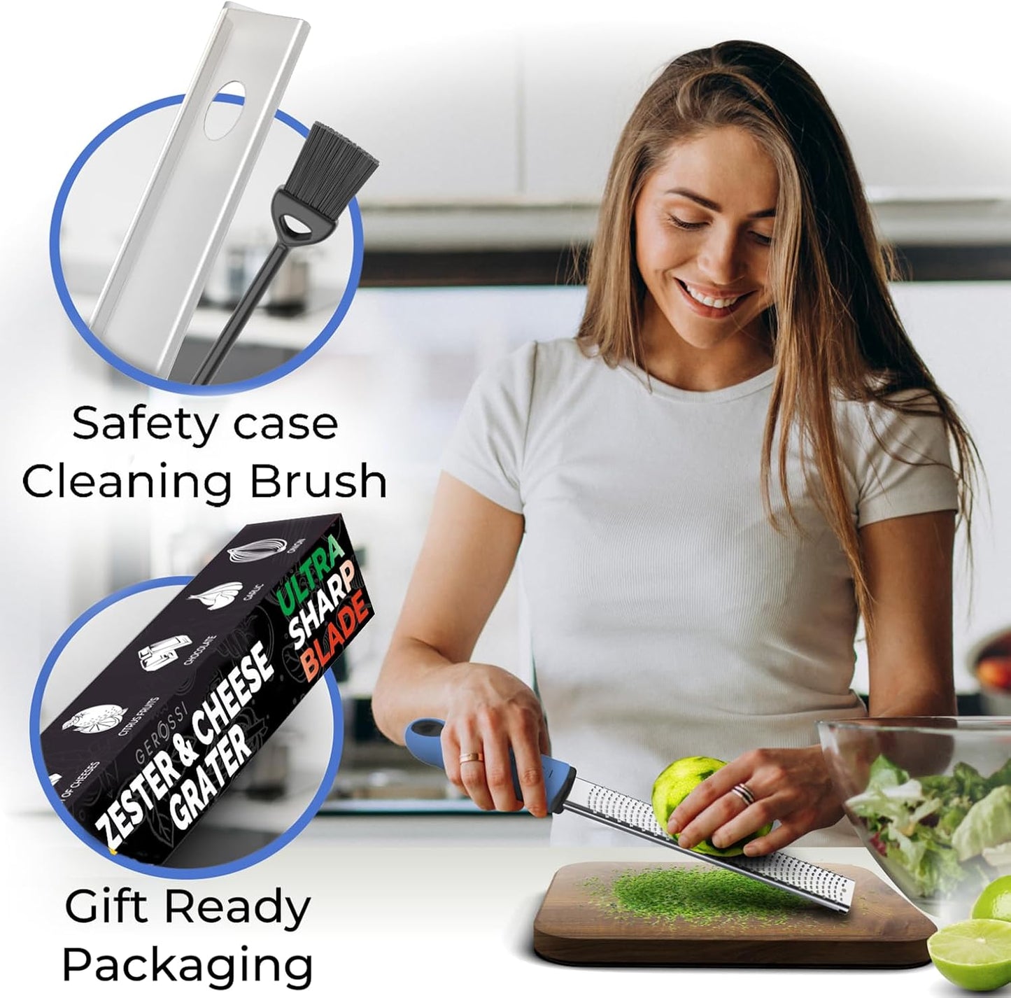 Stainless Steel Cheese Grater & Lemon Zester w/Extra Sharp Blade - Perfect for Lemon, Parmesan, Garlic, Chocolate - Spice Up any Dish in Seconds w/Your Premium Citrus Hand Grater with Handle - Blue