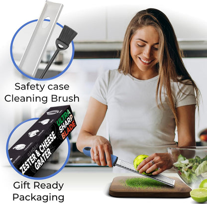 Stainless Steel Cheese Grater & Lemon Zester w/Extra Sharp Blade - Perfect for Lemon, Parmesan, Garlic, Chocolate - Spice Up any Dish in Seconds w/Your Premium Citrus Hand Grater with Handle - Blue
