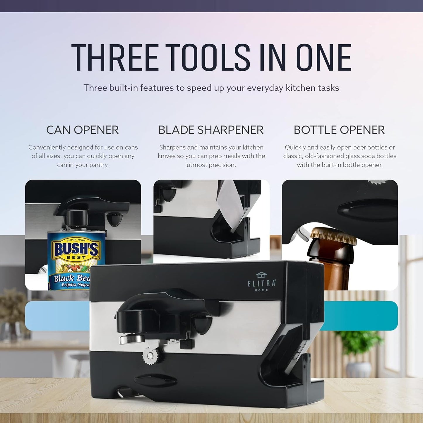 ELITRA HOME 3-In-1 Under The Cabinet Electric Can Opener - Black | Automatic Smooth Edge Can & Bottle Opener, Magnetic Lid Holder & Knife Sharpener, Space Saving Kitchen Tool with Cord Storage