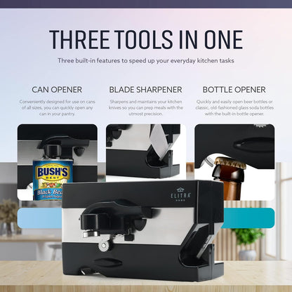 ELITRA HOME 3-In-1 Under The Cabinet Electric Can Opener - Black | Automatic Smooth Edge Can & Bottle Opener, Magnetic Lid Holder & Knife Sharpener, Space Saving Kitchen Tool with Cord Storage