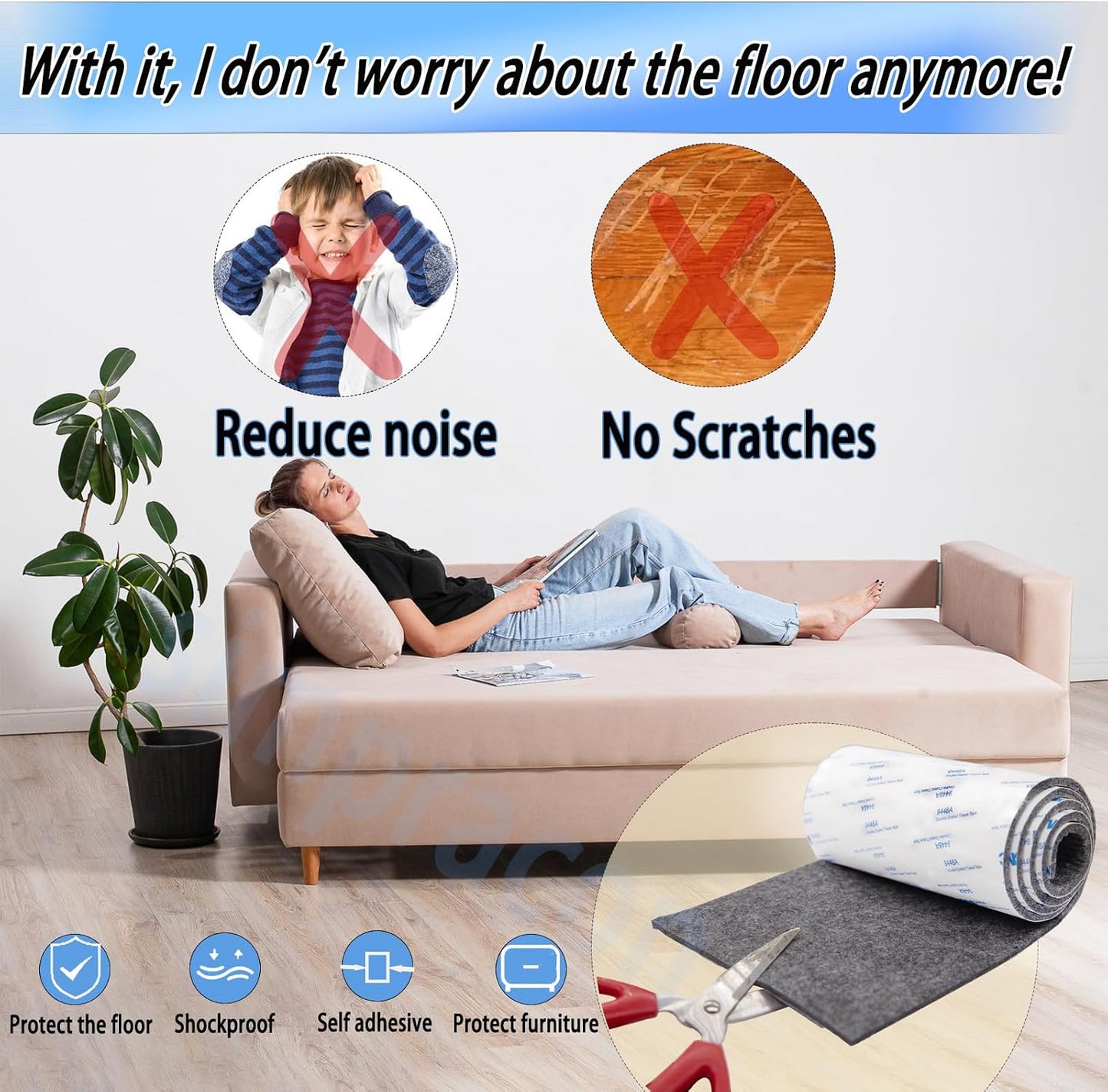 Cuttable Felt Furniture Pads with Sticky Backing,40x4 inch Self Adhesive Felt Sheets,Heavy Duty Felts Strip Roll Felts Tape Protect Hardwood Floors No Scratches No Noise