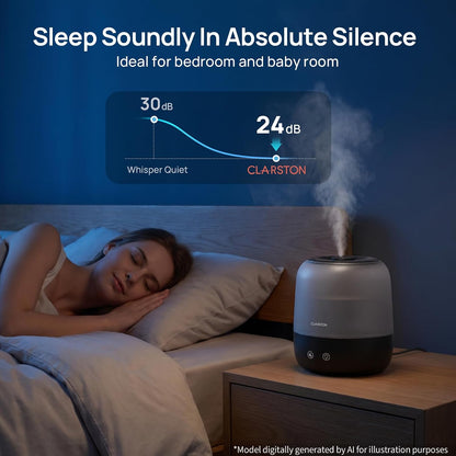 Clarston Humidifiers for Bedroom, 2L Cool Mist Humidifier, 24dB Quiet Sleep