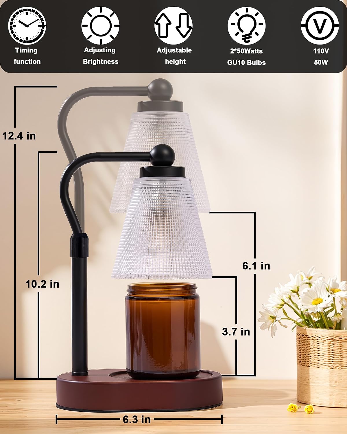Candle Warmer Lamp with Timer, Dimmable, Adjustable Height, Oval | 2 bulbs included, no flame needed, 1-year warranty, farmhouse or modern decor, for bedroom, kitchen, living room, gifting