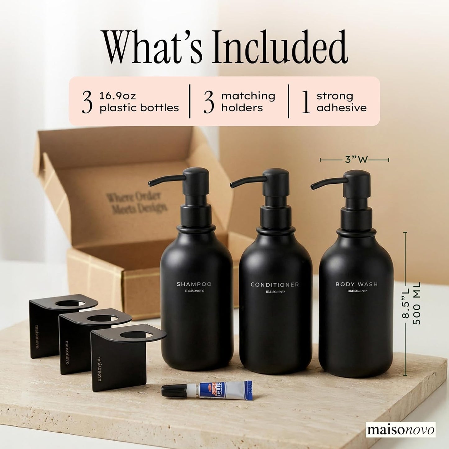MaisoNovo Shampoo and Conditioner Dispenser|Refillable Black Set of 3 | 500 ml Shower Gel Dispenser Set of 3. Refillable Shampoo and Conditioner Bottles. Drill Free Secure Design. Black