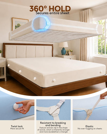 Bed Sheet Holders for Corners: 10 Clips with Side-Edge Locks (Not Just 4 Corners), One-Piece Bed Sheet Straps, No Metal & Anti-Slip, Heavy Duty Fitted Sheet Holder (Twin＆Full Style: 5-8in)