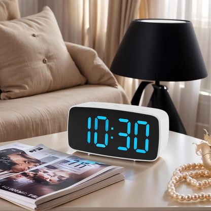 Dimmable LED Alarm Clock 2-Level Brightness, Wired Shaker, Snooze Function, Fits Bedside Table 4.7" L x 1.6" W x 2.4" H White Housing with Blue Light