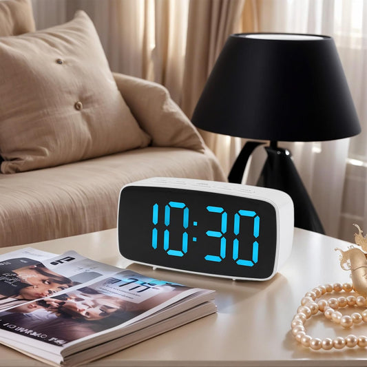 Dimmable LED Alarm Clock 2-Level Brightness, Wired Shaker, Snooze Function, Fits Bedside Table 4.7" L x 1.6" W x 2.4" H White Housing with Blue Light