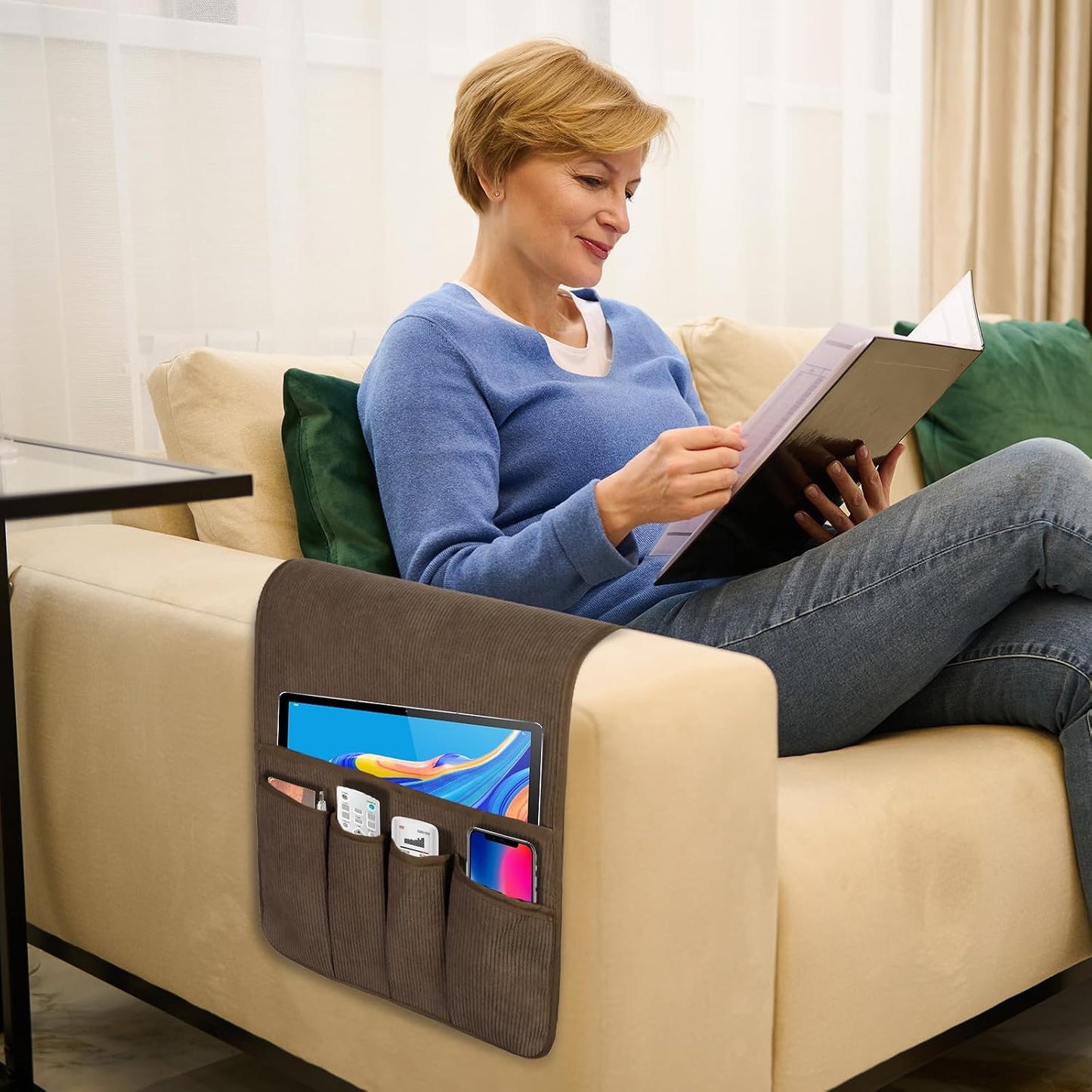 Remote Control Holder, Anti Slip Armchair Caddy Couch Caddy with 5 Pockets | Remote Holder Couch Caddy with 5 Pockets for Storage Accessories Bedside Organizer Senior Gifts (Beige,35''x12.4'')