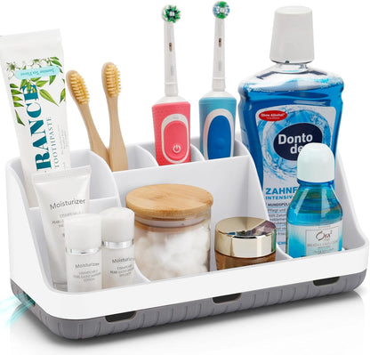 GFWARE Black Toothbrush Holder - 7 Slots Bathroom Organizer Countertop with Drainage Matte Black Electric Toothbrush and Toothpaste Holder for Bathroom Accessories Organization Vanity Sink Storage | Detachable 7 Slots Matte Black Kid Electric Toothbrush