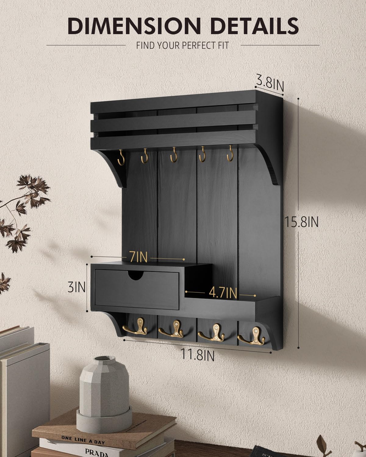 Rebee Vision Key Holder Wall Mount with Drawer Organizer for Entryway,Brown | Pine Wood, 6 Key Hooks, Display Shelf for Plants, Mail Slot for Storage Letter, Multi-Funtional Design, Home Storage