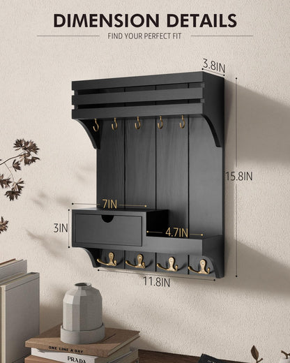 Rebee Vision Key Holder Wall Mount with Drawer Organizer for Entryway,Brown | Pine Wood, 6 Key Hooks, Display Shelf for Plants, Mail Slot for Storage Letter, Multi-Funtional Design, Home Storage