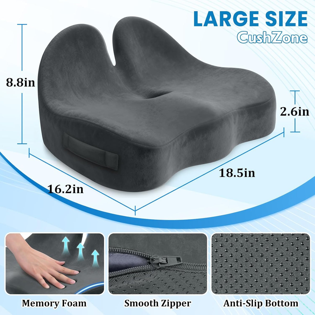 CushZone Ergonomic Seat Cushion, Sciatica Support for Office Chair, Black