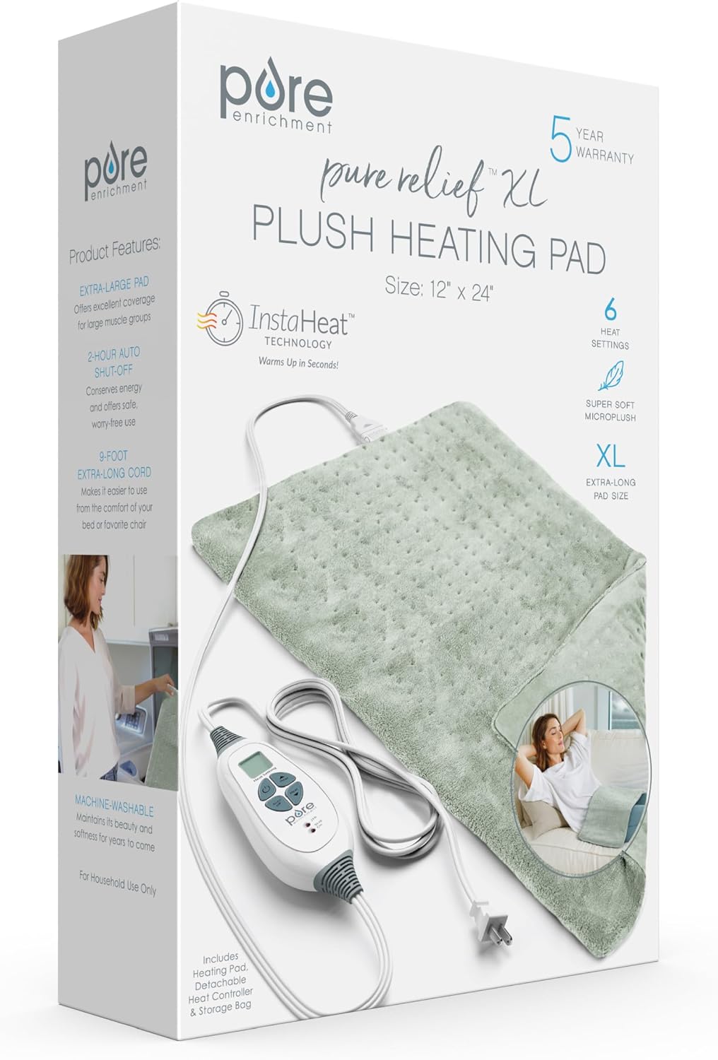 Pure Enrichment PureRelief XL Heating Pad - 12" x 24" Electric Heating Pad for Back Pain & Cramps, 6 Heat Settings, FSA/HSA Eligible, Soft Machine Wash Fabric, Auto-Off & Moist Heat (Zen Green)