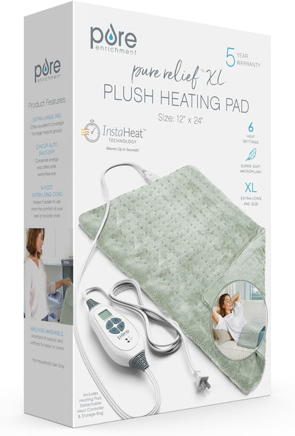 Pure Enrichment PureRelief XL Heating Pad - 12" x 24" Electric Heating Pad for Back Pain & Cramps, 6 Heat Settings, FSA/HSA Eligible, Soft Machine Wash Fabric, Auto-Off & Moist Heat (Zen Green)