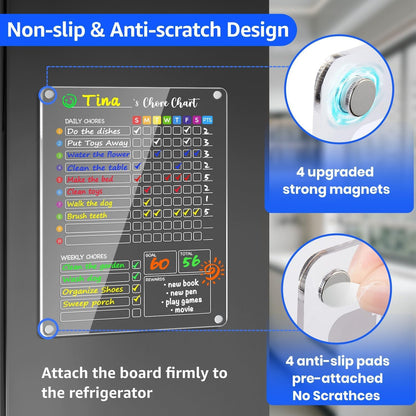 PigPotParty 2-in-1 Acrylic Magnetic Chore Chart for 2 Kids, Large 16x12 in | Clear Dry Erase Fridge Chore Board for Teens, Roommates; Vibrant Layout; Embedded Magnets; 12 Wet-Erase Markers and Towel