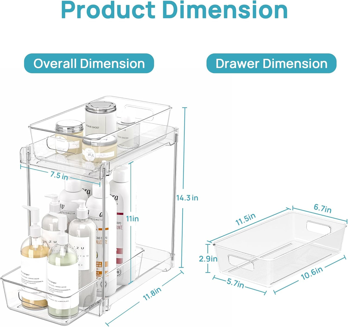 Vtopmart 2 Pack Pull Out Bathroom Under Sink Organizer (S-Standard) | Slide-out drawers, Multi-purpose storage, Clear visibility, Easy Set-up