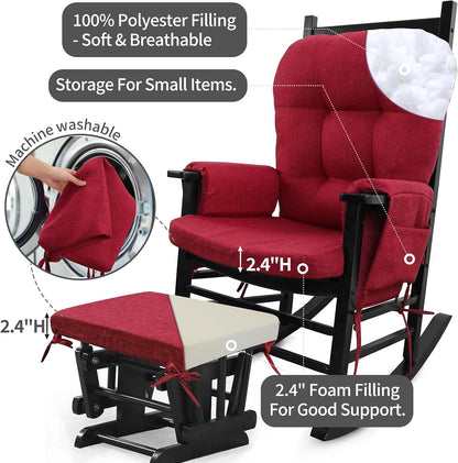 BUYUE Glider Rocker Replacement Cushion 5 PCS with Ties, Linen High-Density Foam Non-Slip & Washable Rocking Chair Pads for Sitting,Red