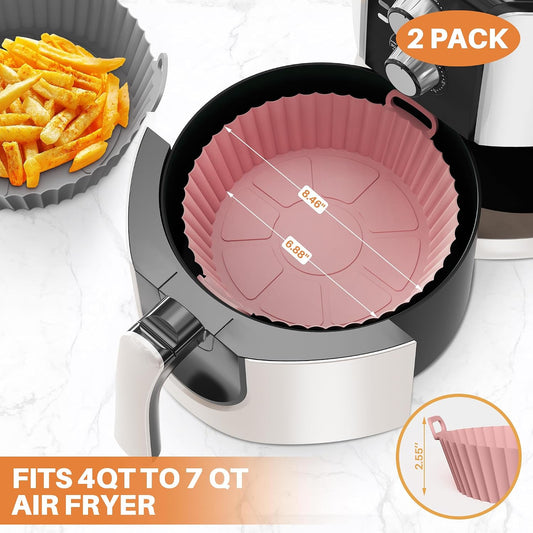ME.FAN Air Fryer Silicone Liners for 4 to 7 QT [2 Pack] Reusable Air Fryer Basket with Handles & Holes Red