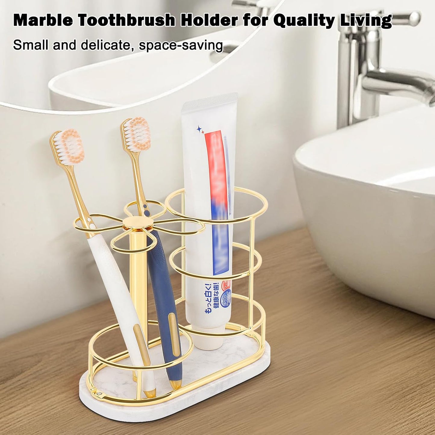 Toothbrush Holder Stand for Bathroom, Metal Toothbrush Organizer with Marble Base, Toothbrush Storage Collection for Family, Suitable for Home Hotel Countertop Vanity (Small, Matte Black)