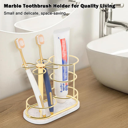 Toothbrush Holder Stand for Bathroom, Metal Toothbrush Organizer with Marble Base, Toothbrush Storage Collection for Family, Suitable for Home Hotel Countertop Vanity (Small, Matte Black)