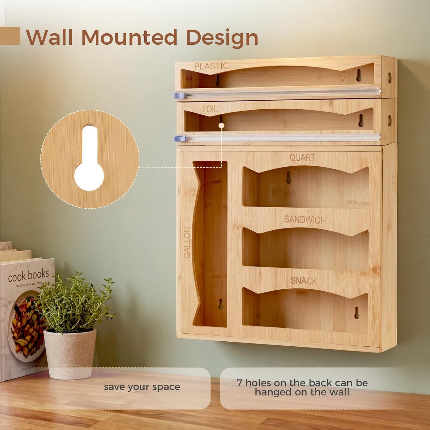 6-in-1 Bamboo Kitchen Drawer Organizer for Storage Bag, Foil & Plastic Wrap | Saran Wrap Dispenser with Cutter, Plastic & Grocery Bag Holder, Bamboo Drawer Organizer, Gallon/Quart Storage Bags