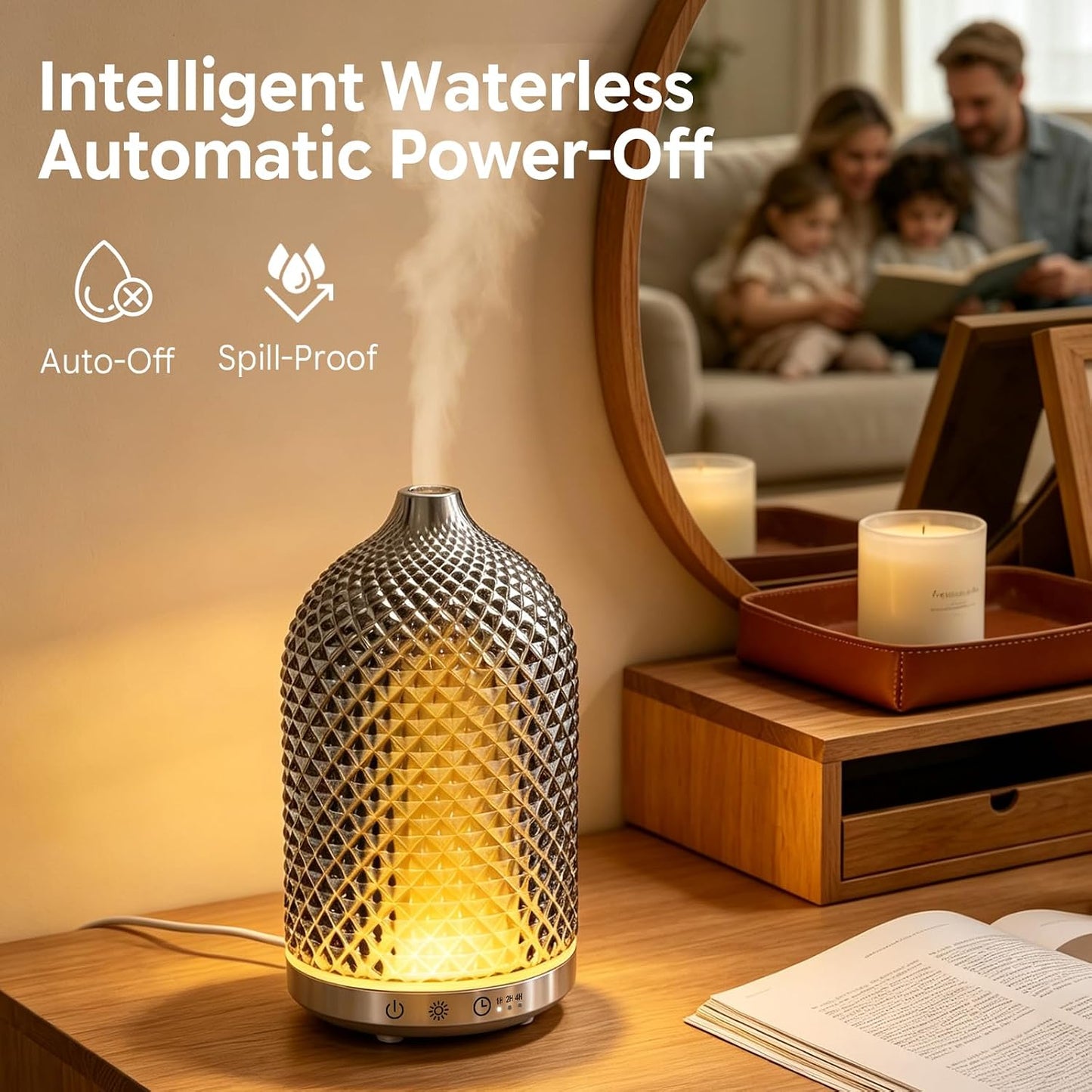 Essential Oil Diffuser 150ml, Glass Diffuser with Ultrasonic Small Humidifier, 7 Color Lights, 1/2/4H Timer, Quiet Auto Shut-Off Oil Diffuser for Bedroom, Home, Office (Silvery)