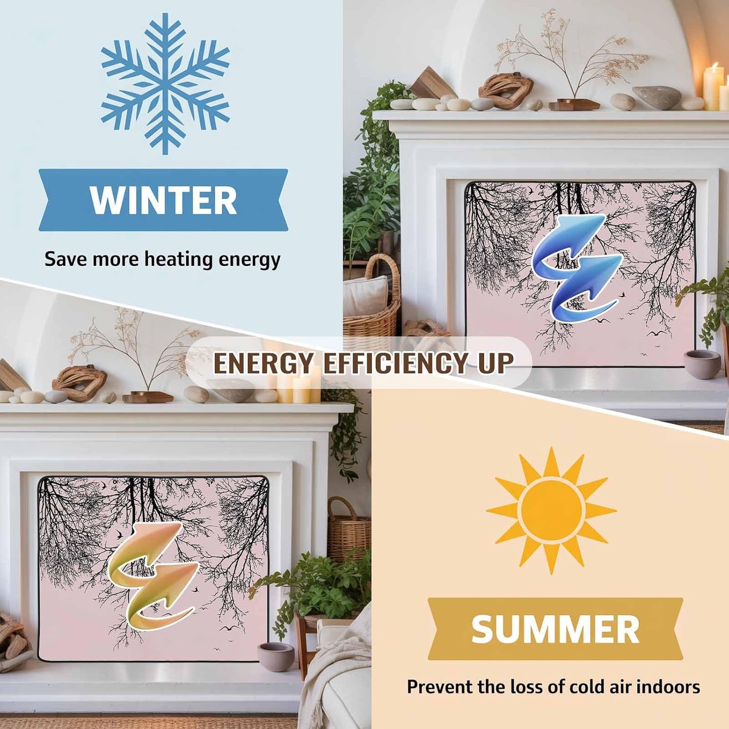 Magnetic Fireplace Cover Tree Branches Bird Fireplace Screen Decorative Brown Black Twigs Deadwood Insulation Fireplace Blocker Save Energy Fireplace Draft Stopper Covers for Living Room 45x34 Inch