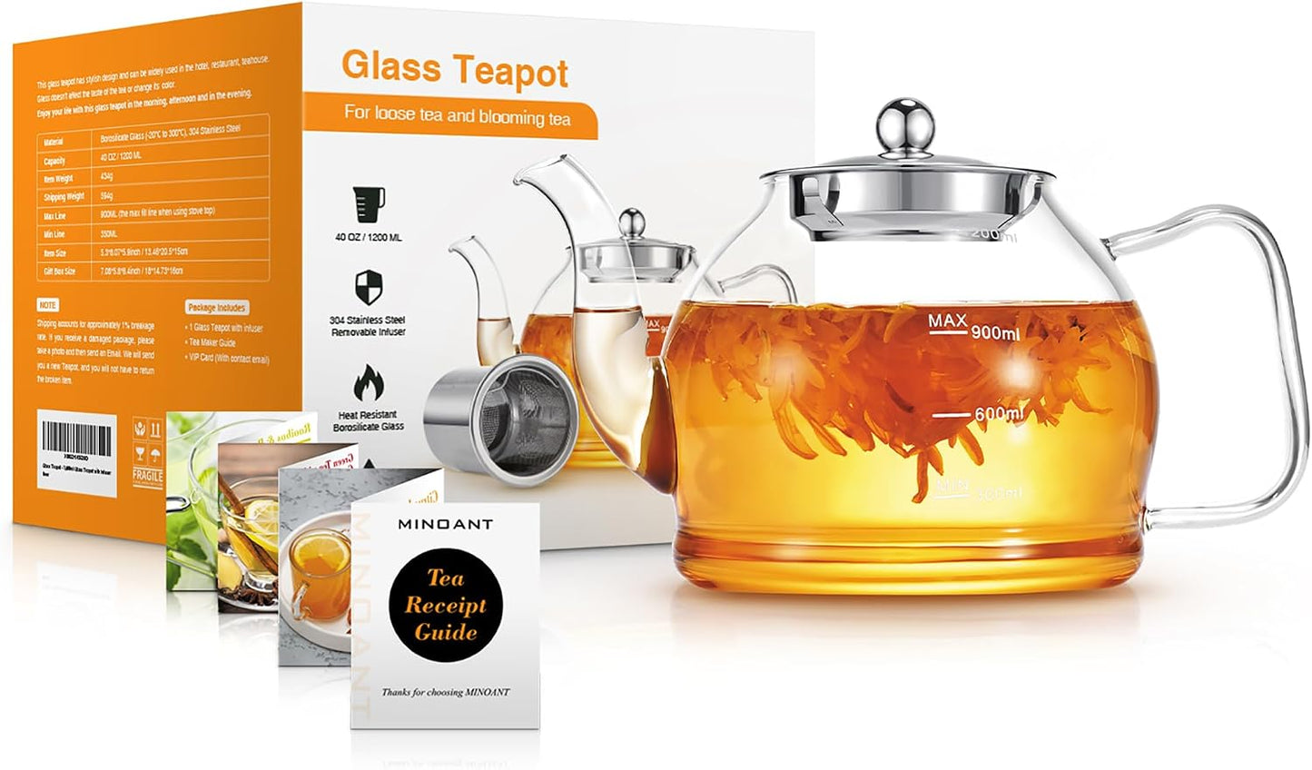 Glass Teapot, 40oz/1200ml Tea Pot with Removable Infuser for Loose Tea | Stovetop Safe Borosilicate Glass Tea Kettle with Strainer and Lid, Hand Crafted Clear Teapot with Scale Line,Tea Brewer Guide