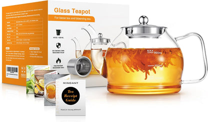 Glass Teapot, 40oz/1200ml Tea Pot with Removable Infuser for Loose Tea | Stovetop Safe Borosilicate Glass Tea Kettle with Strainer and Lid, Hand Crafted Clear Teapot with Scale Line,Tea Brewer Guide
