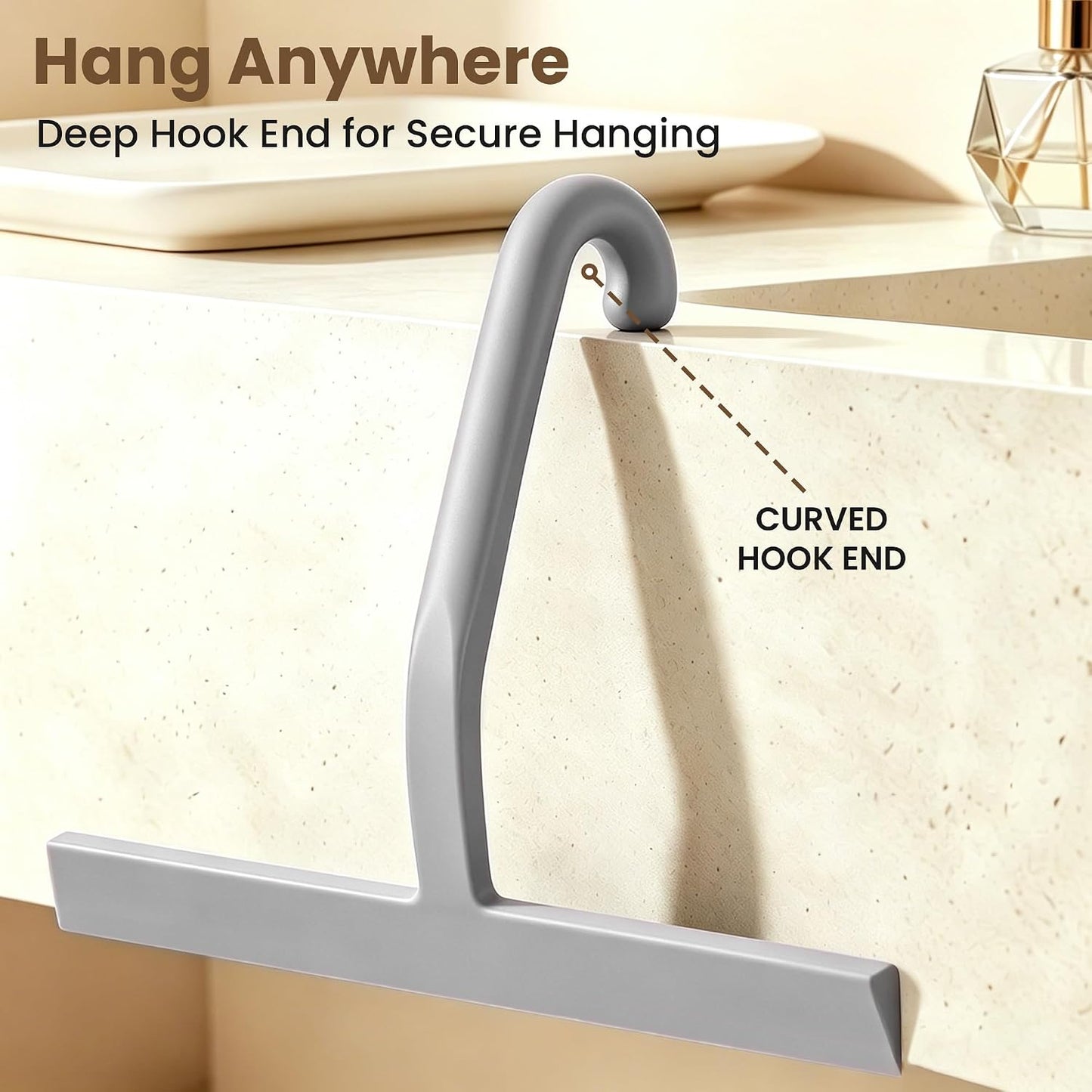 10 Inch Silicone Shower Squeegee for Glass Doors, Streak-Free, Black | No-Squeak Silicone Blade, Ergonomic Round Grip and Built-In Hook for Quick Daily Cleaning of Shower Glass, Tile and Windows