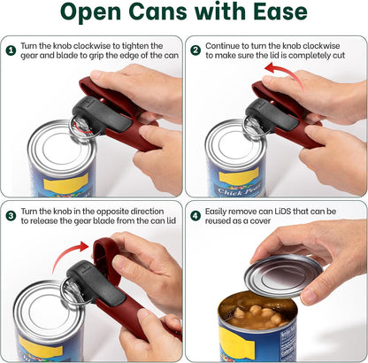 Beneno Side Cut Manual Can Opener, Smooth Cut with No Sharp Edges, Red | Premium Sharp DC53 Steel Blade, Soft Non-Slip Grip & Effortless Easy-Turn Knob