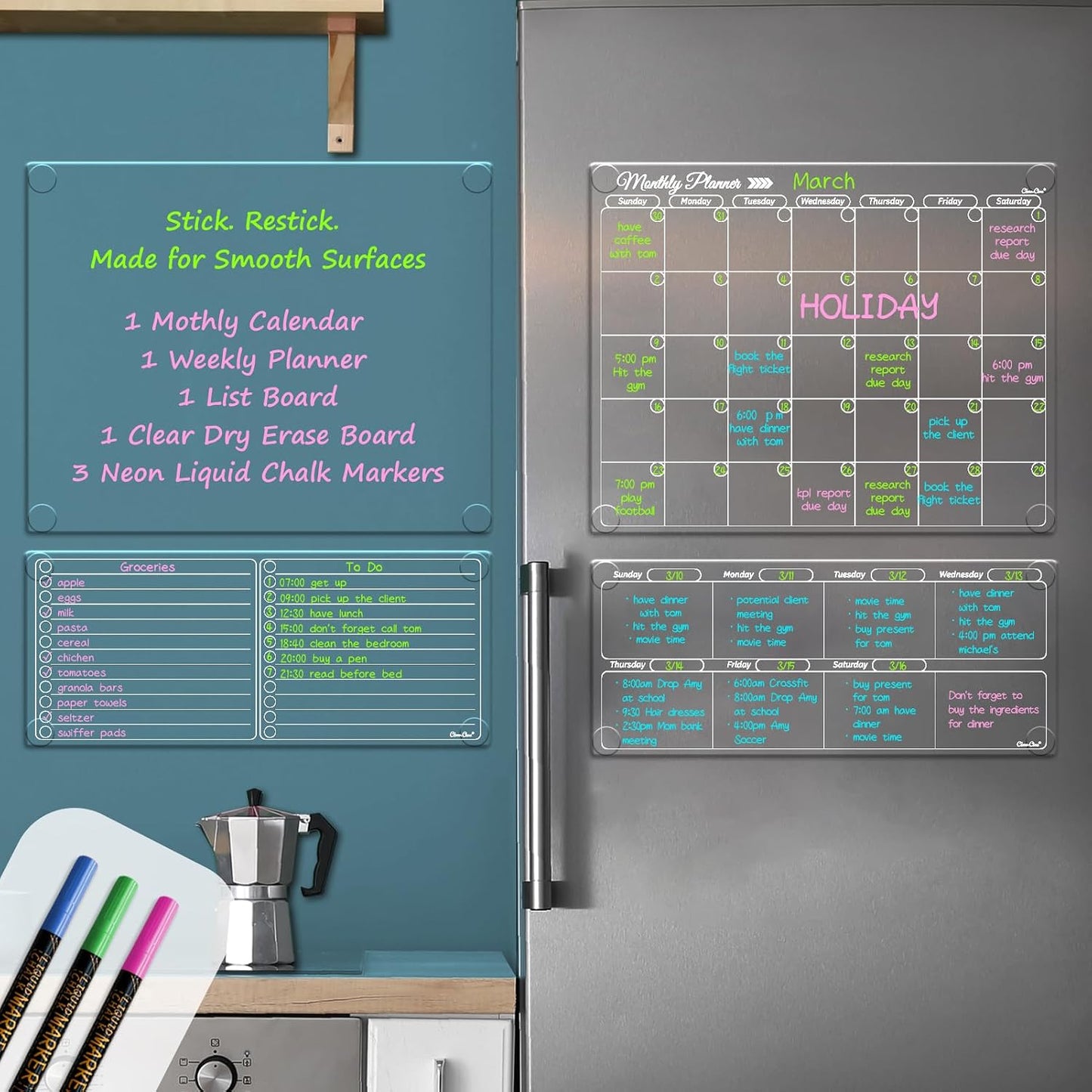 Clear Non-Magnetic Calendar Set for Fridge - Dry Erase Transparent Monthly and Weekly Calendar, List and Blank Whiteboard - Sticks to Wall, Glass, Door, Any Smooth Surfaces