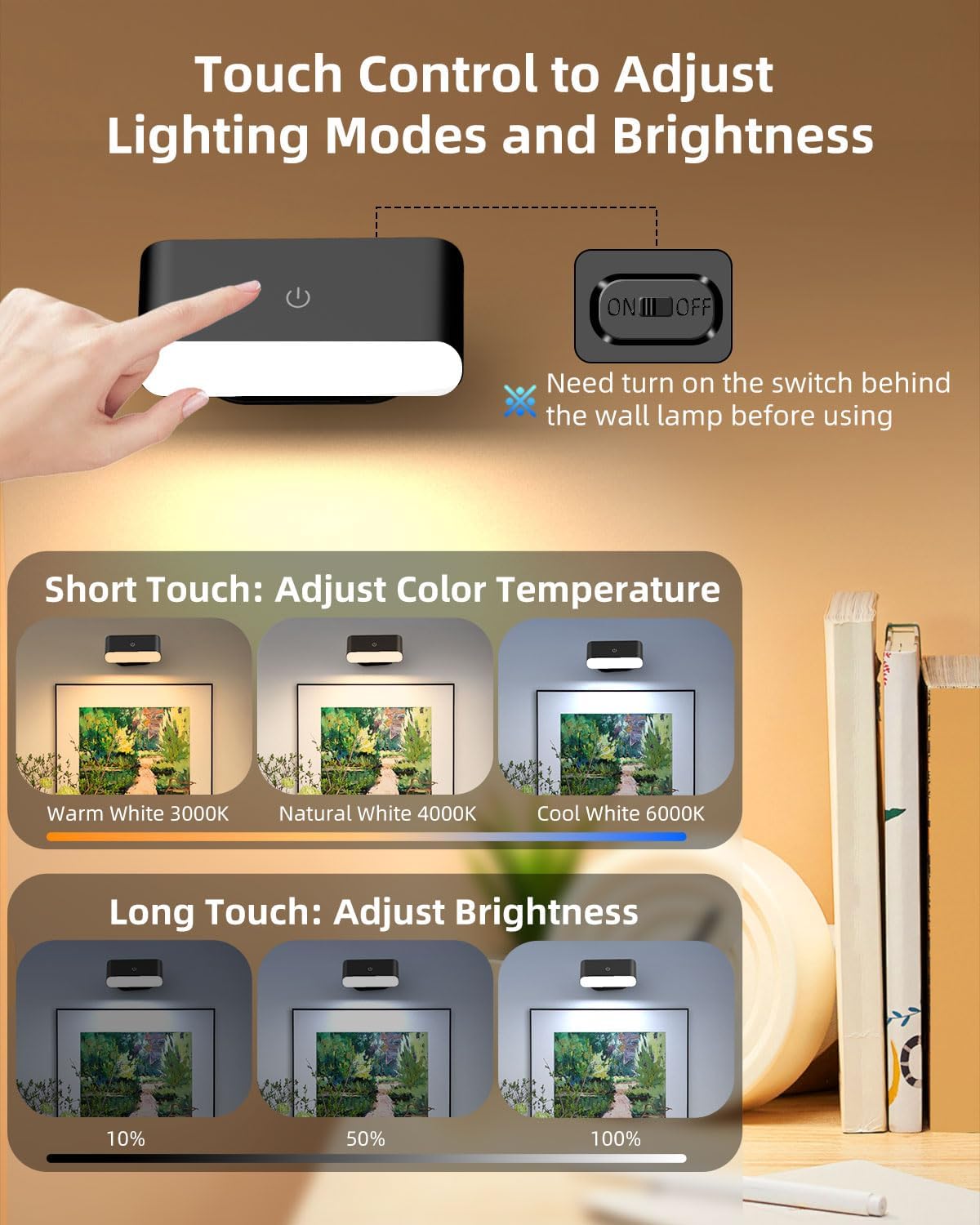 Battery Operated Wall Sconce Set of 2, Rechargeable LED Wall Mounted Light with Remote Control, Stick On Magnetic Wall Lights for Bedroom, 3 Modes Dimmable Bedside Reading Wall Lamps for Bedroom | Rechargeable Wall Lights, 3 Lighting Modes, Easy Stick-on
