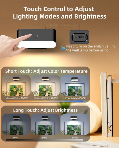 Battery Operated Wall Sconce Set of 2, Rechargeable LED Wall Mounted Light with Remote Control, Stick On Magnetic Wall Lights for Bedroom, 3 Modes Dimmable Bedside Reading Wall Lamps for Bedroom | Rechargeable Wall Lights, 3 Lighting Modes, Easy Stick-on