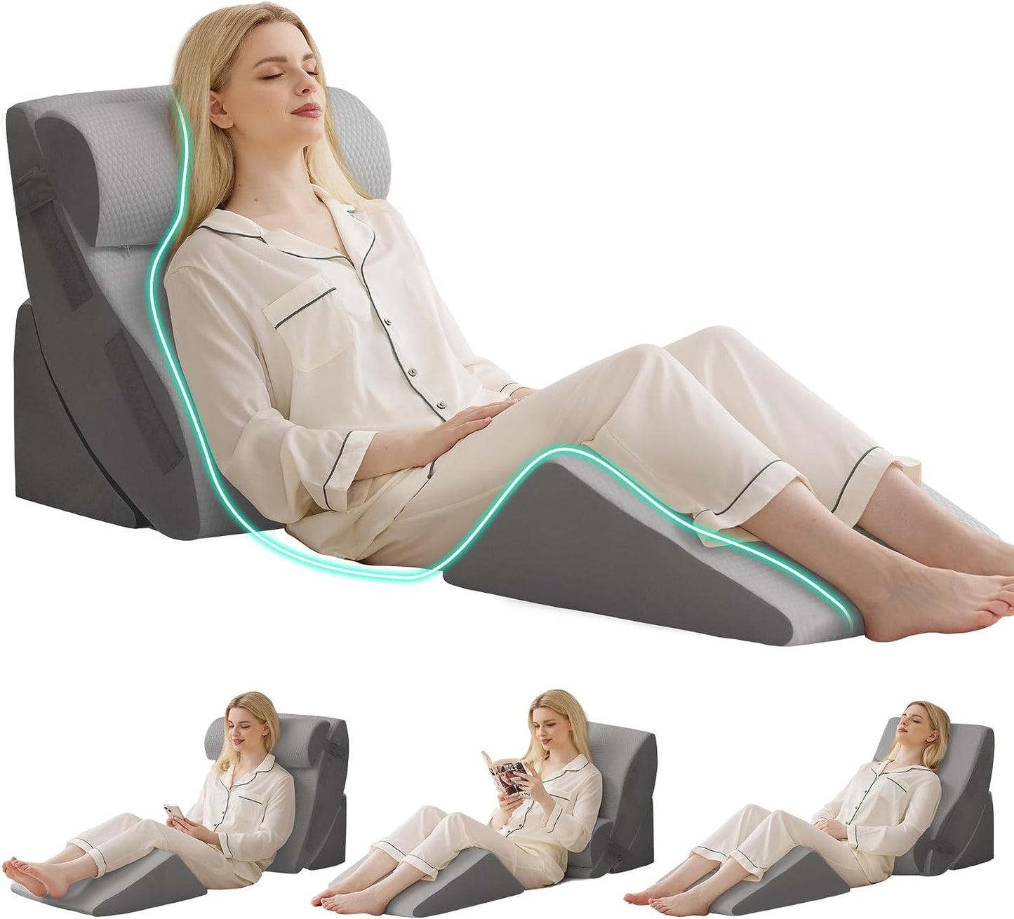 4PCS Wedge Pillow Set for After Surgery, Orthopedic Bed Wedge Pillow for Back Pain Relief, Sitting Up in Bed, Acid Reflux, Adjustable Post Surgery Pillows for GERD, Snoring, White/Grey