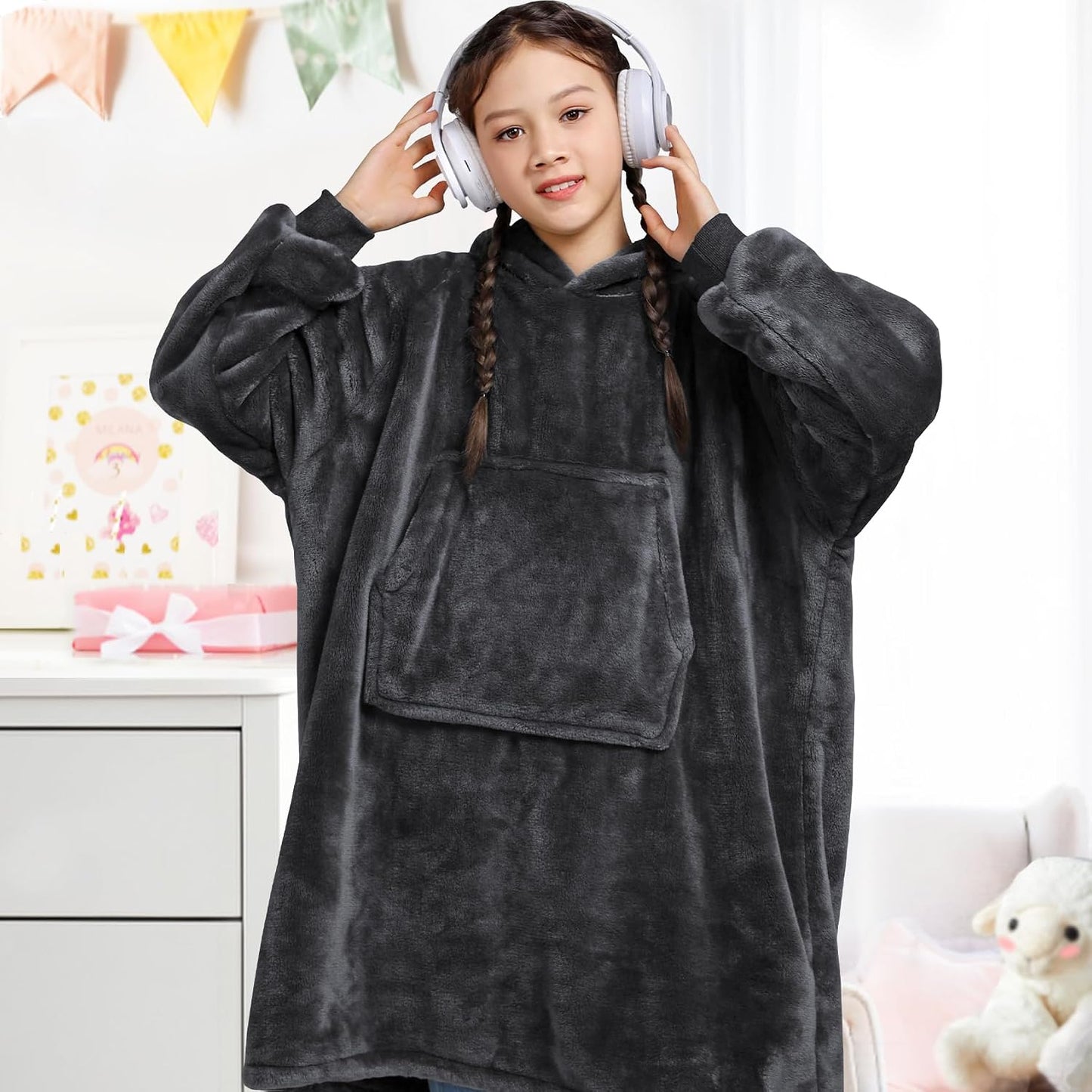 Wearable Blanket Sweatshirt Gifts for Women and Men, Warm and Cozy Giant Blanket Hoodie, Thick Flannel Blanket with Sleeves and Giant Pocket - Dark Gray